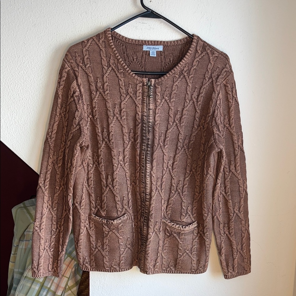 Vintage PBJ Brown‎ Cable Knit Acid washed Cotton/Ramie Cardigan M